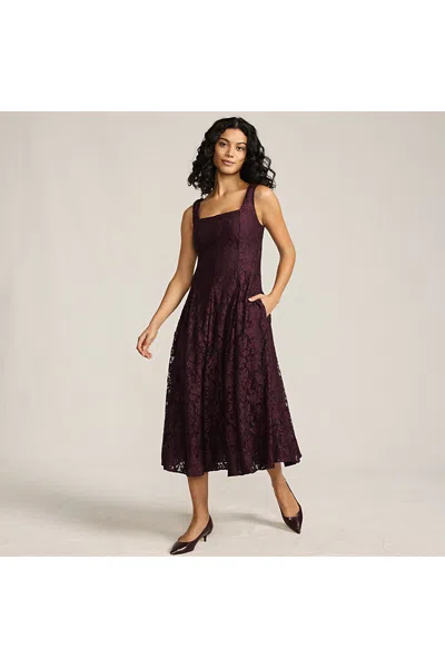 Lands' End Women's Lace Pleated Square Neck Midi Dress In Brown
