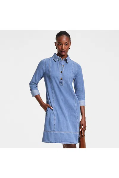 Lands' End Women's Light Weight Denim Popover At The Knee Dress In Blue