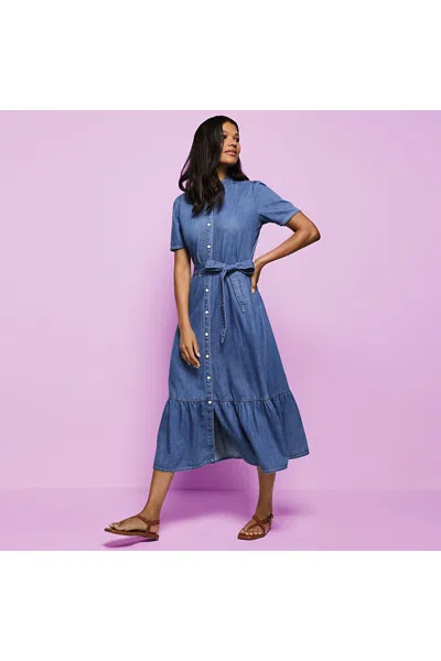 Lands' End Women's Light Weight Denim Tiered Midi Dress In Blue