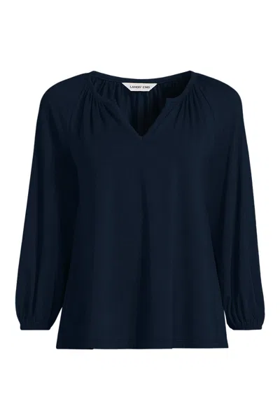 Lands' End Women's Lightweight Jersey 3/4 Sleeve Notch Neck Gather Blouse In Blue