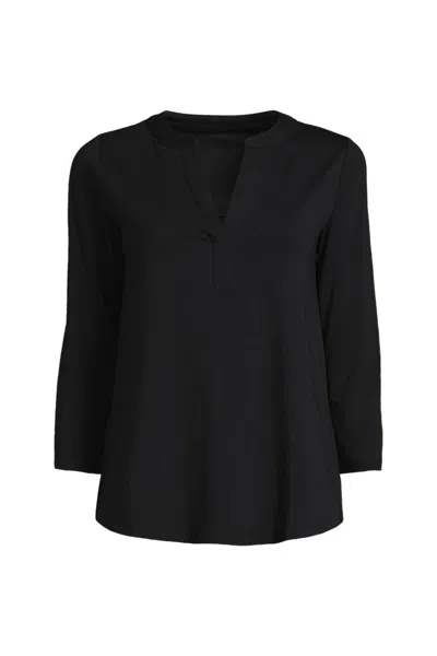 Lands' End Women's Lightweight Jersey 3/4 Sleeve Notchneck Blouse In Black