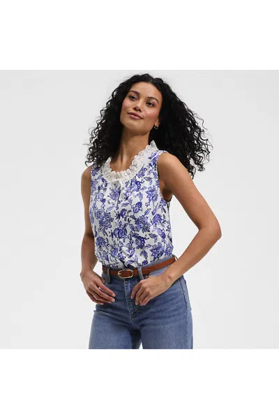 Lands' End Lightweight Jersey Button Front Lace Trim Tank In White