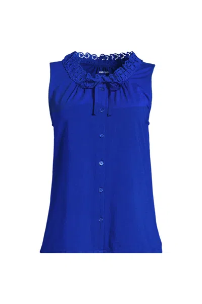 Lands' End Lightweight Jersey Button Front Lace Trim Tank In Blue