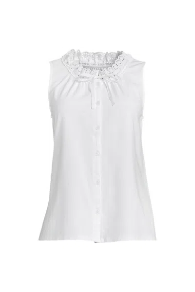 Lands' End Women's Lightweight Jersey Button Front Lace Trim Tank In White
