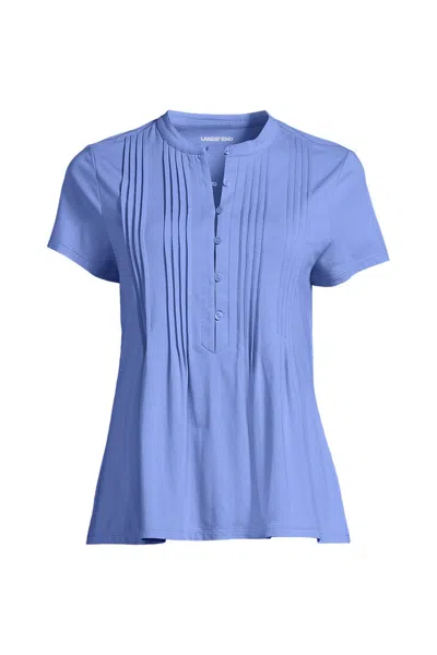 Lands' End Women's Lightweight Jersey Button Pintuck Top In Blue
