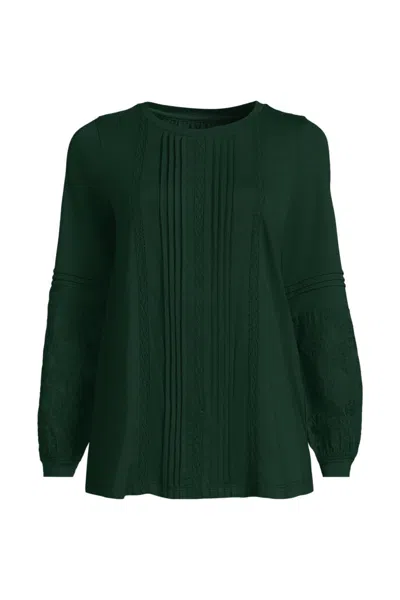 Lands' End Lightweight Jersey Lace Mix Long Sleeve Pintuck Top In Green