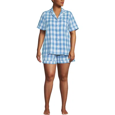 Lands' End Women Linen 2 Piece Pajama Set In Dusk Blue Gingham