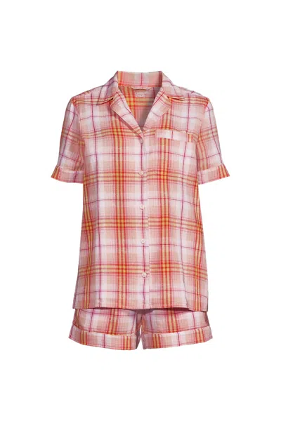 Lands' End Women Linen 2 Piece Pajama Set - Short Sleeve Top And Shorts In Pink