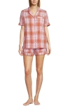 Lands' End Women Linen 2 Piece Pajama Set In Sunset Coral Pink Plaid