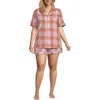Lands' End Women Linen 2 Piece Pajama Set In Sunset Coral Pink Plaid