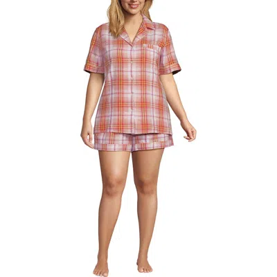 Lands' End Women Linen 2 Piece Pajama Set In Sunset Coral Pink Plaid