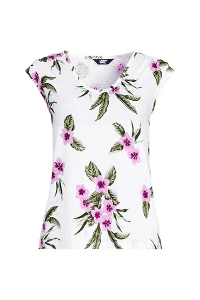 Lands' End Women's Linen Blend Cap Sleeve Gathered Shoulder Tee In White