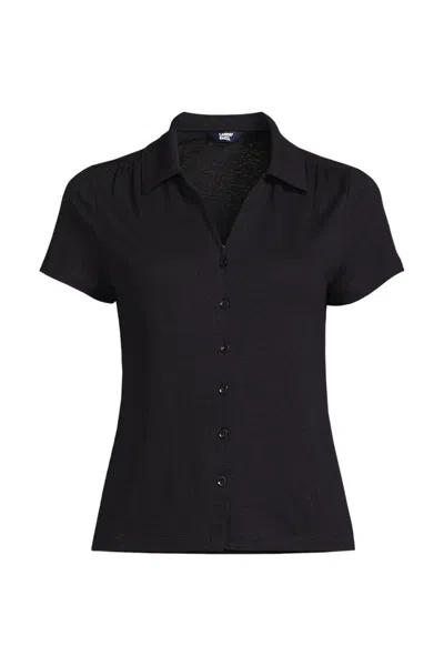 Lands' End Women's Linen Blend Short Sleeve Button Front Polo Top In Black