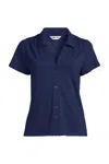 Lands' End Linen Blend Short Sleeve Button Front Polo Top In Blue