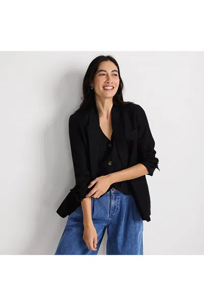 Lands' End Women's Linen Double Breasted Blazer In Black