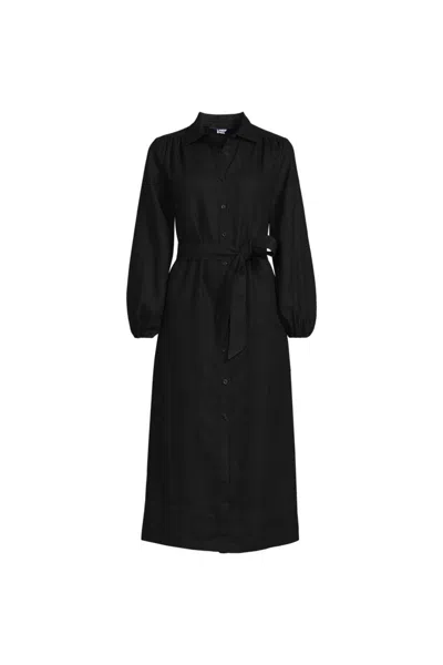 Lands' End Women's Linen Long Sleeve Midi Shirt Dress In Black