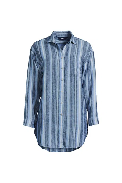 Lands' End Women's Linen Long Sleeve Oversized Extra Long Tunic Top In Blue