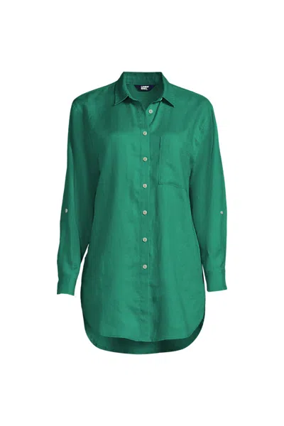 Lands' End Women's Linen Roll Sleeve Oversized Relaxed Tunic Top In Green