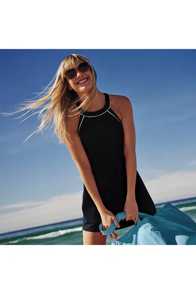 Lands' End Women's Long High Neck Swim Dress Swimsuit In Black