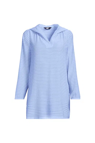 Lands' End Women's Long Rayon Rib Hooded Mini Cover-up Dress In Blue