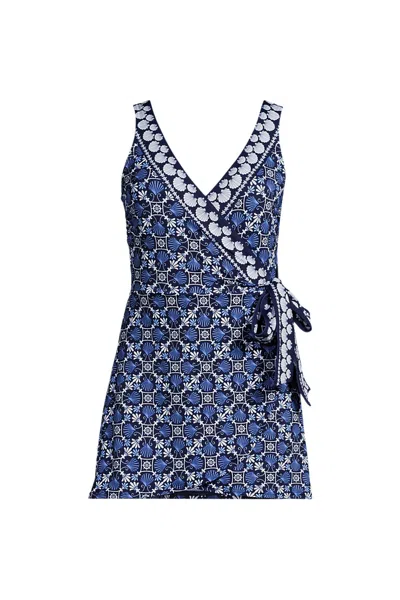 Lands' End Women's Long Side Tie Mini Swim Dress Swimsuit In Blue