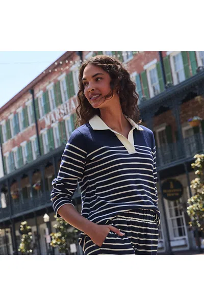 Lands' End Women's Long Sleeve Boxy Mariner Johnny Collar Polo In Blue