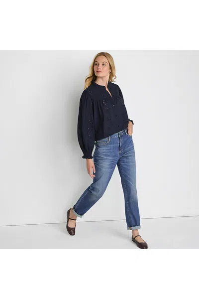 Lands' End Women's Long Sleeve Cypress Eyelet Blouse In Blue