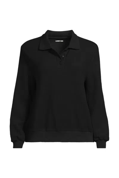 Lands' End Women's Long Sleeve Honeycomb Pique Banded Hem Polo In Black
