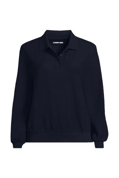 Lands' End Women's Long Sleeve Honeycomb Pique Banded Hem Polo In Blue