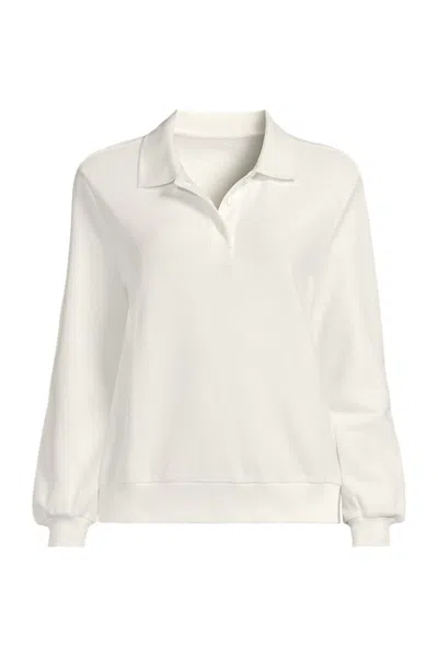 Lands' End Women's Long Sleeve Honeycomb Pique Banded Hem Polo In White