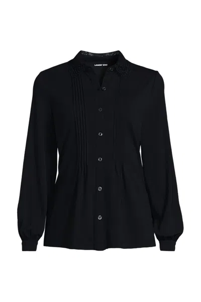 Lands' End Women's Long Sleeve Lightweight Jersey Button Front Trim Collar Pintuck Blouse In Black