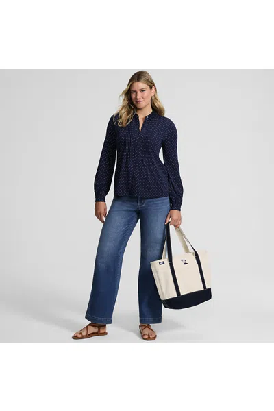 Lands' End Women's Long Sleeve Lightweight Jersey Button Front Trim Collar Pintuck Blouse In Blue