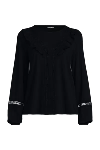Lands' End Women's Long Sleeve Lightweight Jersey Crew Neck Lace Ruffle Blouse In Black