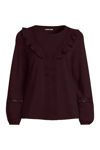 Lands' End Women's Long Sleeve Lightweight Jersey Crew Neck Lace Ruffle Blouse In Burgundy