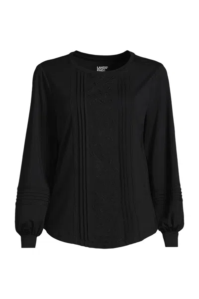Lands' End Women's Long Sleeve Lightweight Jersey Pintuck Embroidery Top In Black