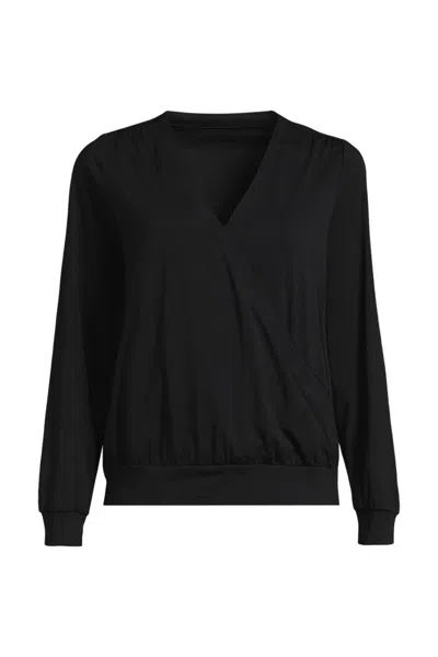 Lands' End Women's Long Sleeve Lightweight Jersey Surplice Blouse In Black