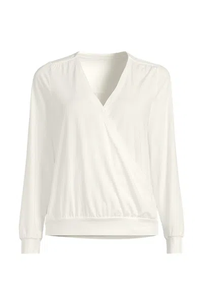 Lands' End Women's Long Sleeve Lightweight Jersey Surplice Blouse In White