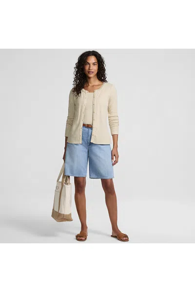 Lands' End Women's Long Sleeve Micro Rib Button Through Cardigan In White