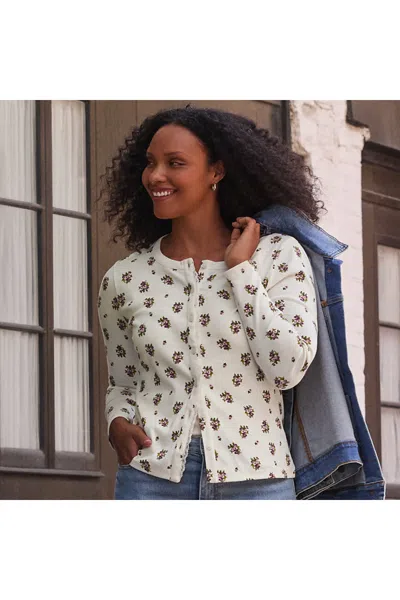 Lands' End Women's Long Sleeve Micro Rib Lace Trim Button Through Cardigan In Ivory