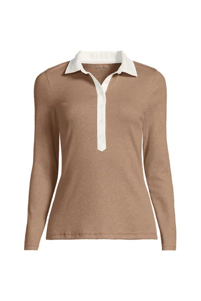 Lands' End Women's Long Sleeve Micro Rib Woven Collar Polo In Brown