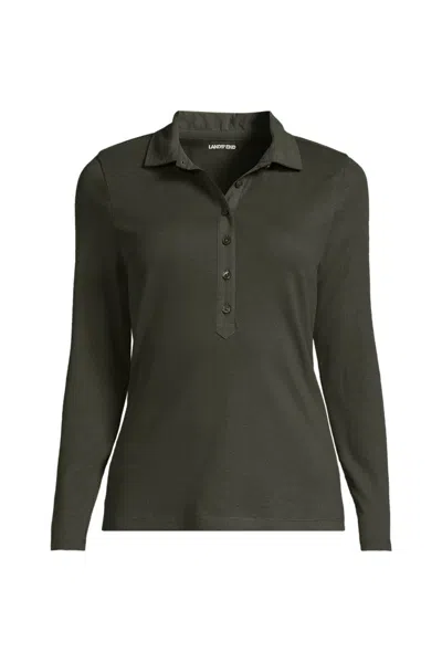 Lands' End Women's Long Sleeve Micro Rib Woven Collar Polo In Green