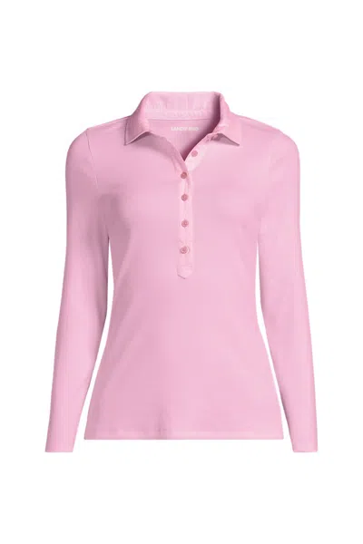 Lands' End Women's Long Sleeve Micro Rib Woven Collar Polo In Pink