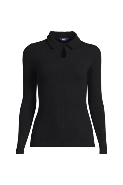Lands' End Women's Long Sleeve Pointelle Rib Keyhole Polo Top In Black