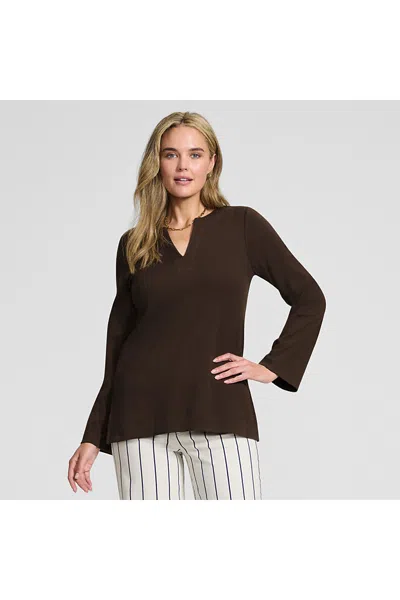 Lands' End Women's Long Sleeve Polished Essentials Notch Neck Tunic Top In Brown