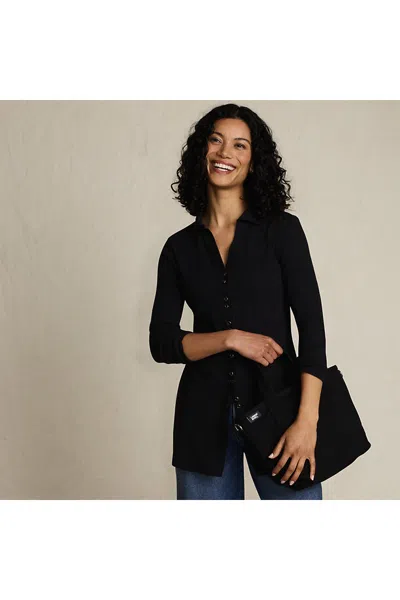 Lands' End Women's Long Sleeve Polished Rib Button Through Tunic Shirt In Black
