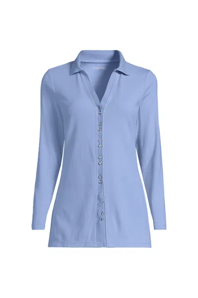 Lands' End Women's Long Sleeve Polished Rib Button Through Tunic Shirt In Blue