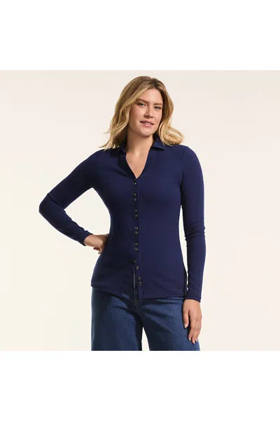 Lands' End Women's Long Sleeve Polished Rib Button Through Tunic Shirt In Blue