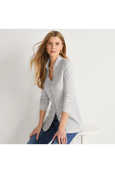 Lands' End Women's Long Sleeve Polished Rib Button Through Tunic Shirt In Gray