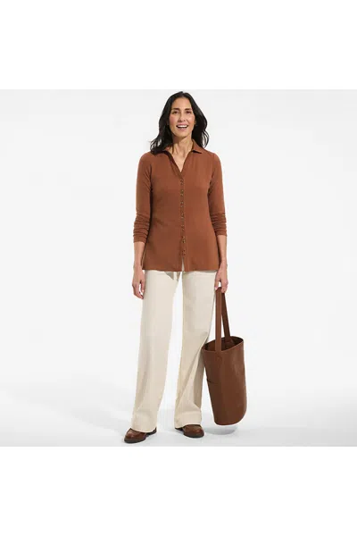 Lands' End Women's Long Sleeve Polished Rib Button Through Tunic Shirt In White