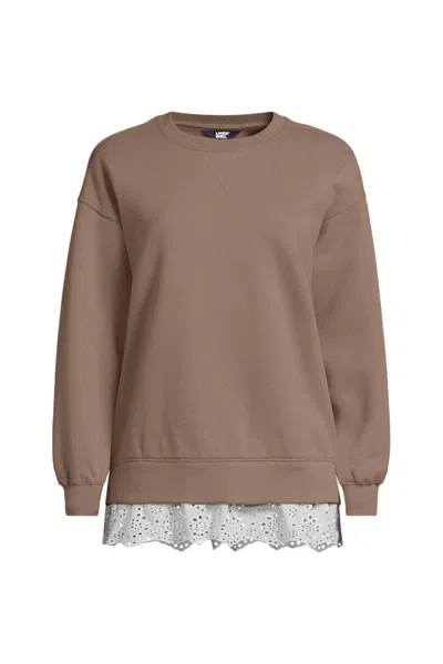 Lands' End Women's Long Sleeve Serious Sweats Lace Hem Crew Neck Tunic Sweatshirt In Brown